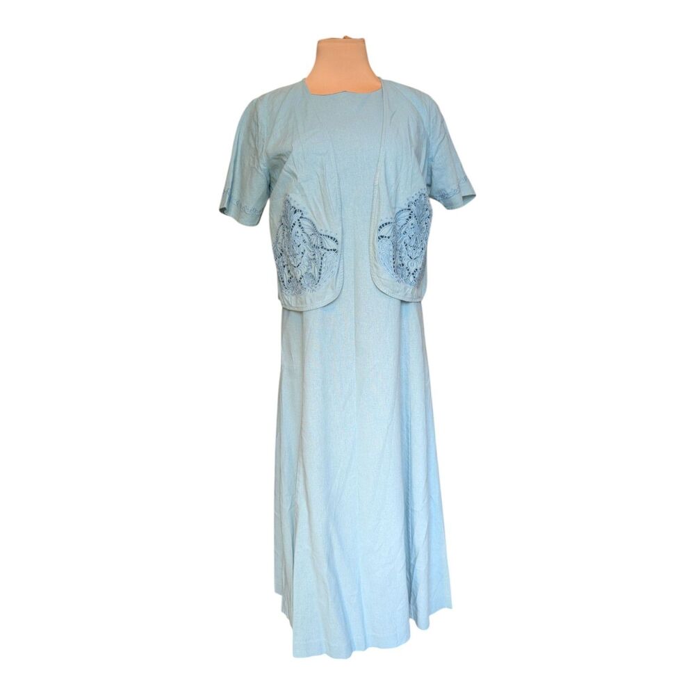 Coldwater Creek 2 Pc Dress Jacket Set Blue Embroidered Women's Size 6 Classy